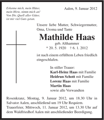 Traueranzeige von Mathilde Haas von Schwäbische Post