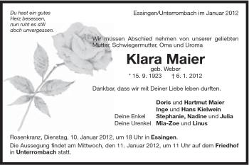 Traueranzeige von Klara Maier von Schwäbische Post