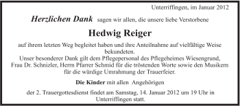 Traueranzeige von Hedwig Reiger von Schwäbische Post