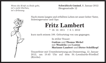 Traueranzeige von Fritz Lambert von Gmünder Tagespost