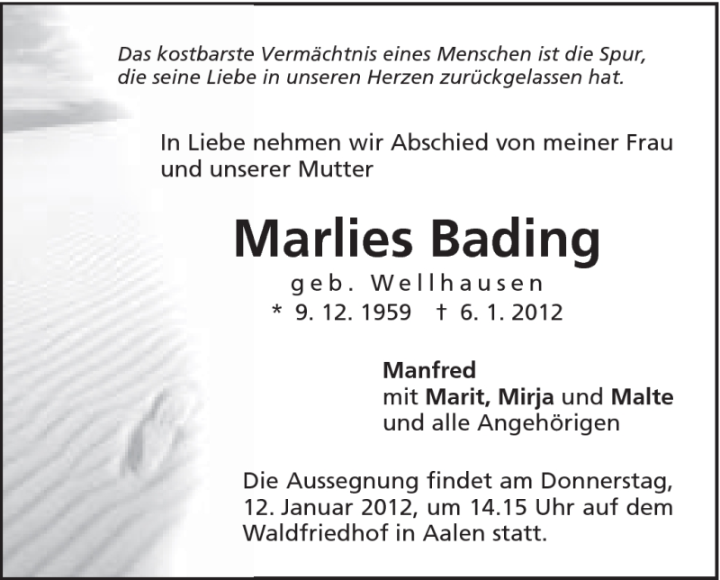  Traueranzeige für Marlies Bading vom 10.01.2012 aus Schwäbische Post