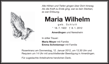 Traueranzeige von Maria Wilhelm von Schwäbische Post
