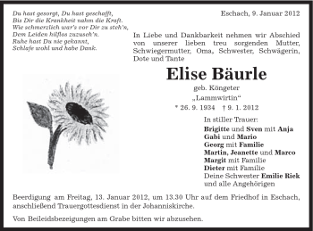 Traueranzeige von Elise Bäurle von Gmünder Tagespost