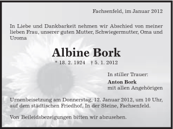 Traueranzeige von Albine Bork von Schwäbische Post