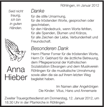 Traueranzeige von Anna Hieber von Schwäbische Post