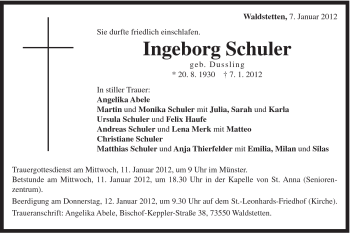 Traueranzeige von Ingeborg Schuler von Gmünder Tagespost