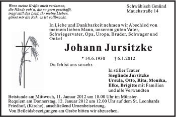 Traueranzeige von Johann Jursitzke von Gmünder Tagespost