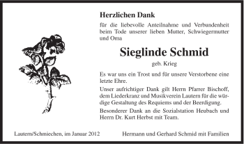 Traueranzeige von Sieglinde Schmid von Gmünder Tagespost
