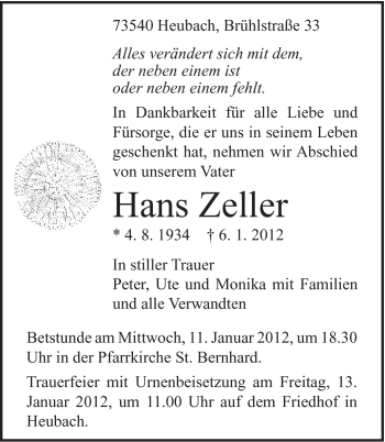 Traueranzeige von Hans Zeller von Gmünder Tagespost