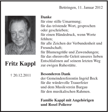 Traueranzeige von Fritz Kappl von Gmünder Tagespost