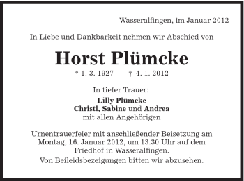 Traueranzeige von HOrst Plümcke von Schwäbische Post