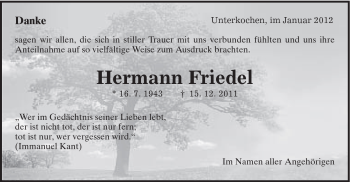 Traueranzeige von Friedel Hermann von Schwäbische Post