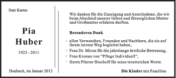 Traueranzeige von Pia Huber von Gmünder Tagespost