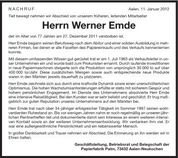 Traueranzeige von Werner Emde von Schwäbische Post