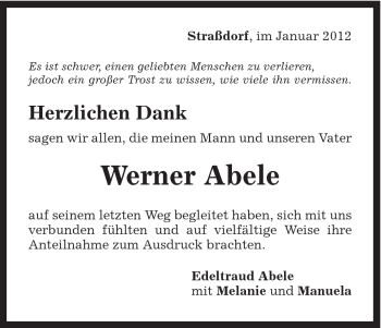 Traueranzeige von Werner Abele von Gmünder Tagespost