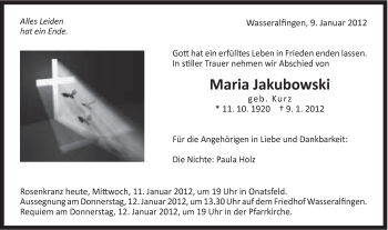 Traueranzeige von Maria Jakubowski von Schwäbische Post