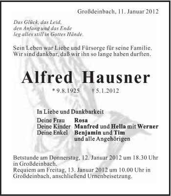 Traueranzeige von Alfred Hausner von Gmünder Tagespost