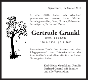 Traueranzeige von Gertrude Grankl von Gmünder Tagespost
