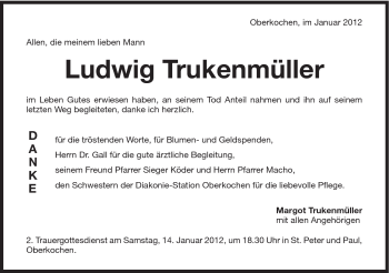 Traueranzeige von Ludwig Trukenmüller von Schwäbische Post
