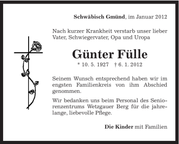 Traueranzeige von Günter Fülle von Gmünder Tagespost
