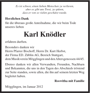 Traueranzeige von Karl Knödler von 020