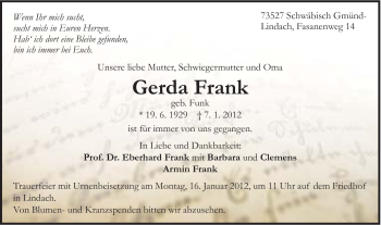 Traueranzeige von Gerda Frank von Gmünder Tagespost