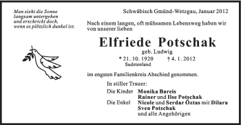 Traueranzeige von Elfriede Potschak von Gmünder Tagespost