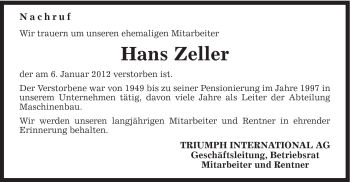 Traueranzeige von Hans Zeller von Gmünder Tagespost