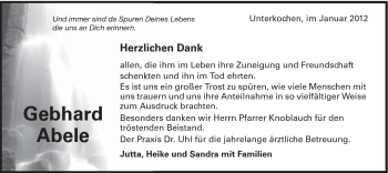 Traueranzeige von Gebhard Abele von Schwäbische Post