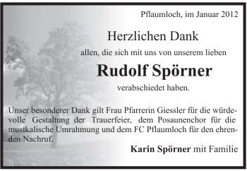 Traueranzeige von Rudolf Spröner von Schwäbische Post