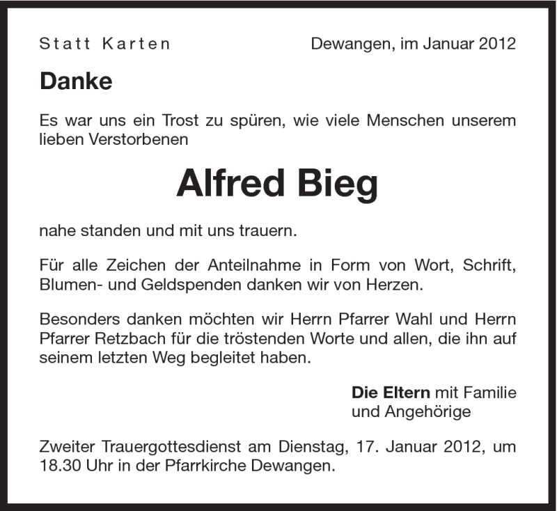  Traueranzeige für Alfred Bieg vom 14.01.2012 aus Schwäbische Post
