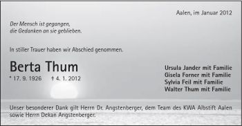 Traueranzeige von Bertha Thum von Schwäbische Post