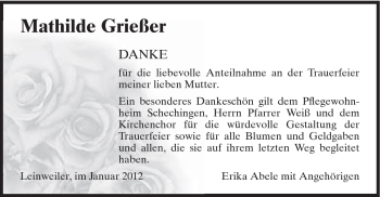 Traueranzeige von Mathilde Grießer von Gmünder Tagespost