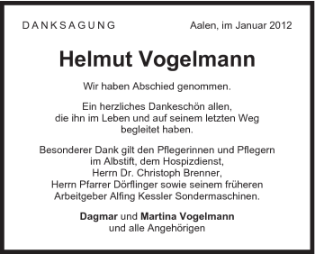 Traueranzeige von Helmut Vogelmann von Schwäbische Post