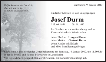 Traueranzeige von Josef Durm von Schwäbische Post
