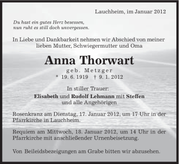 Traueranzeige von Anna Thorwart von Schwäbische Post