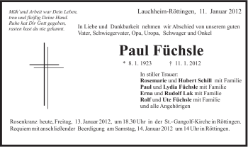 Traueranzeige von Paul Füchsle von Schwäbische Post