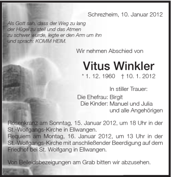 Traueranzeige von Vitus Winkler von Schwäbische Post