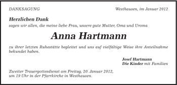 Traueranzeige von Anna Hartmann von Schwäbische Post