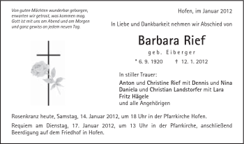 Traueranzeige von Barbara Rief von Schwäbische Post
