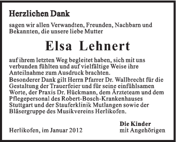 Traueranzeige von Elsa Lehnert von Gmünder Tagespost
