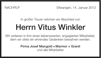 Traueranzeige von Vitus Winkler von Schwäbische Post