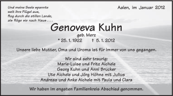 Traueranzeige von Genoveva Kuhn von Schwäbische Post