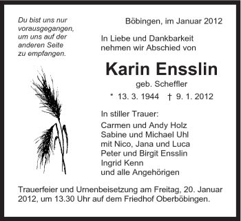 Traueranzeige von Karin Ensslin von Gmünder Tagespost