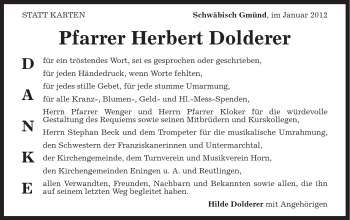 Traueranzeige von Herbert Dolderer von Gmünder Tagespost