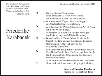 Traueranzeige von Friederike Karabacek von Gmünder Tagespost