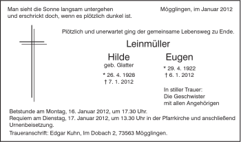 Traueranzeige von Hilde und Eugen Leinmüller von Gmünder Tagespost