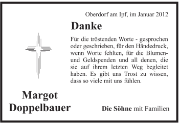 Traueranzeige von Margot Doppelbauer von Schwäbische Post