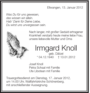 Traueranzeige von Irmgard Knoll von Schwäbische Post