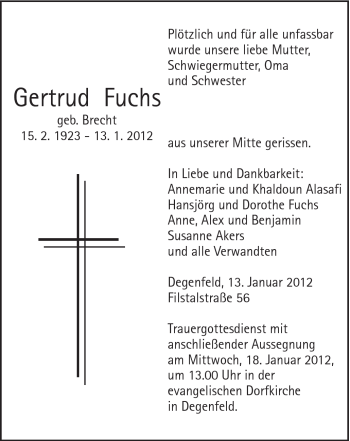 Traueranzeige von Gertrud Fuchs von Gmünder Tagespost